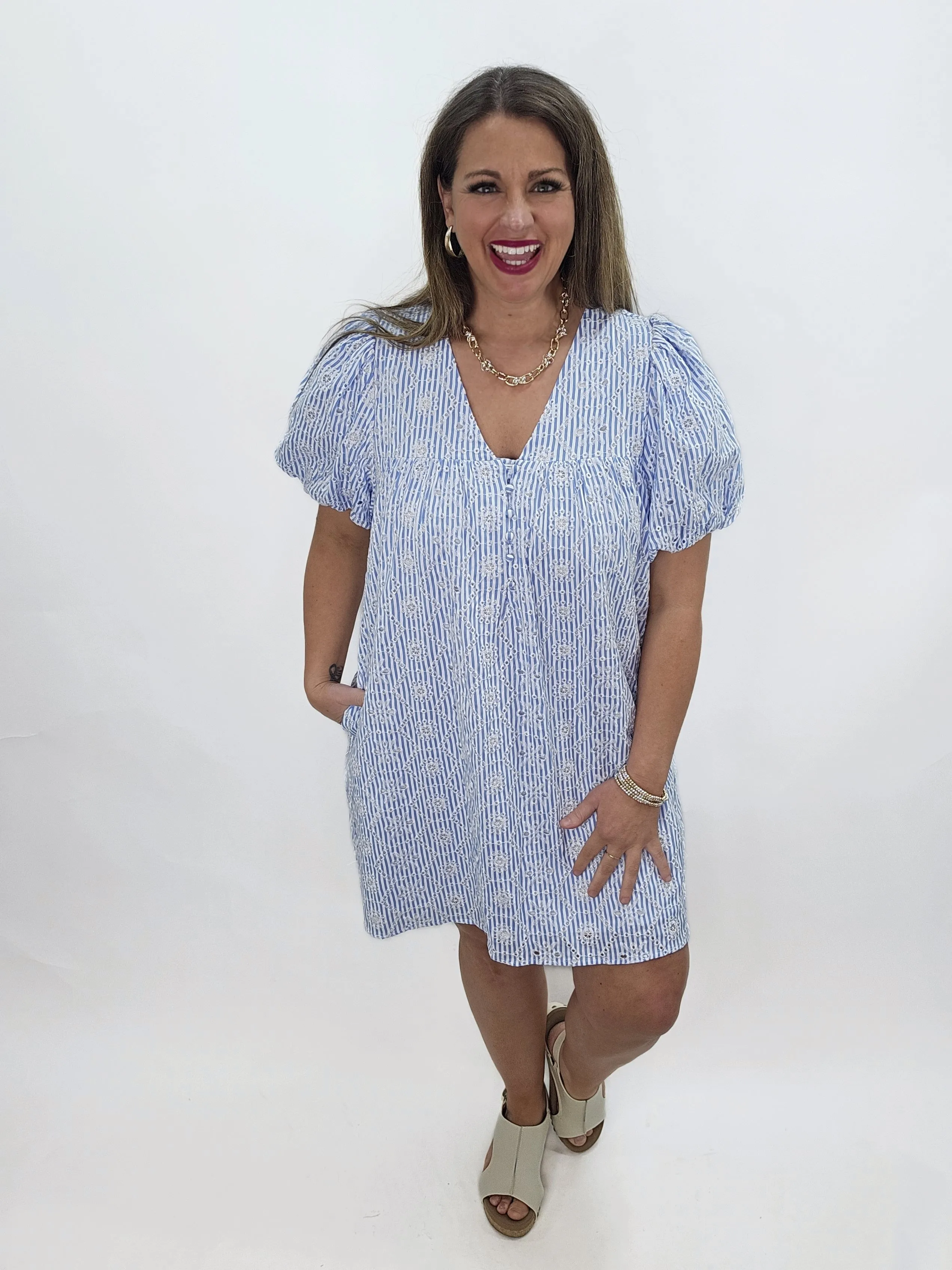 BLUE PINSTRIPE EMBROIDERED SHORT SLEEVE DRESS