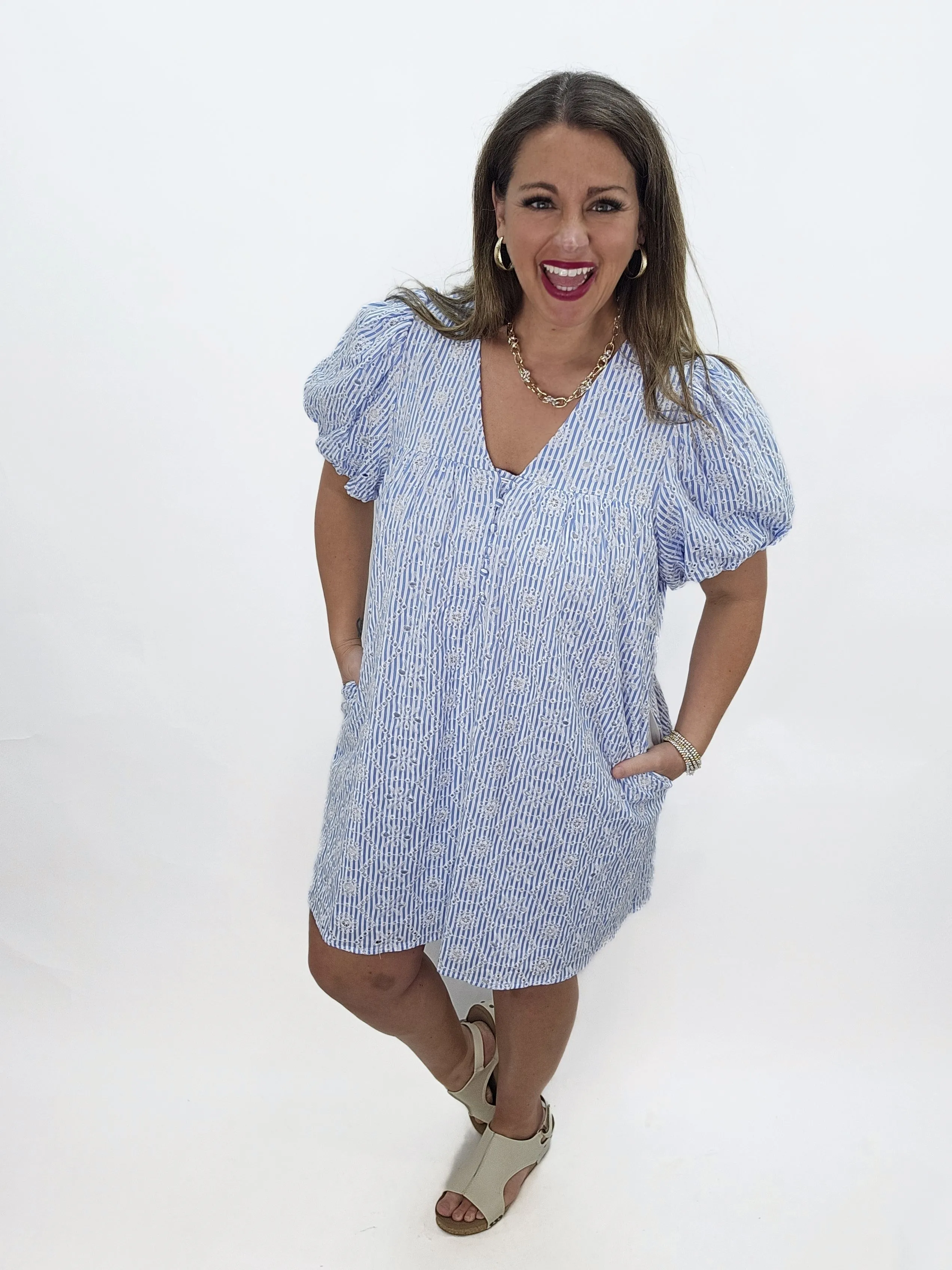 BLUE PINSTRIPE EMBROIDERED SHORT SLEEVE DRESS