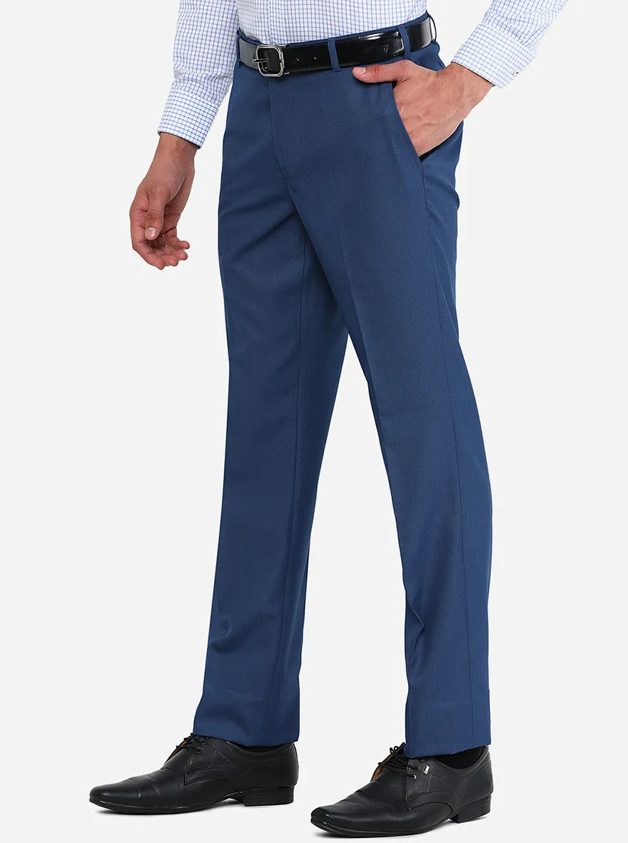 Blue Solid Slim Fit Formal Trouser | Metal