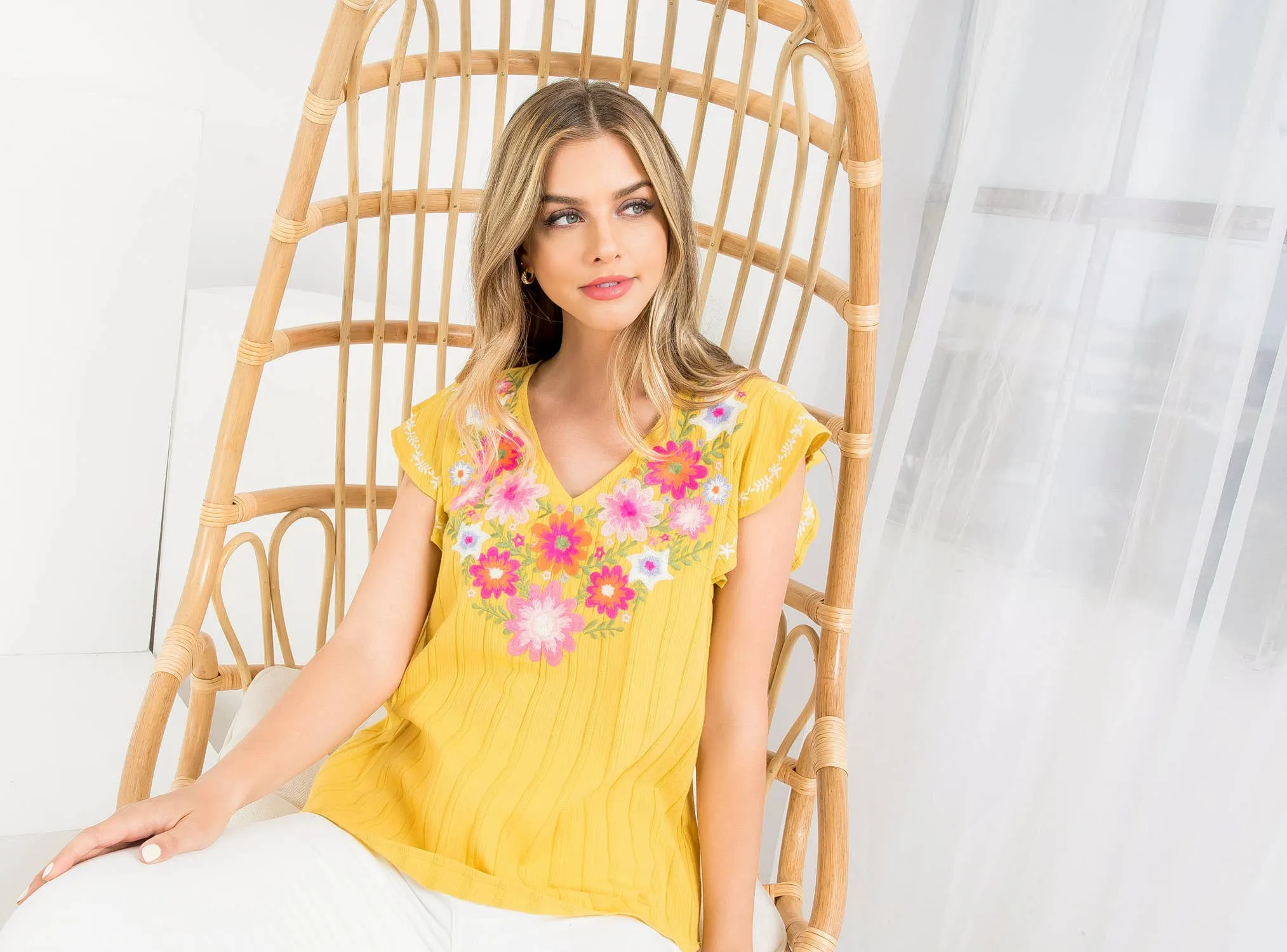 Boho Embroidered Knit Blouse in Mustard and White