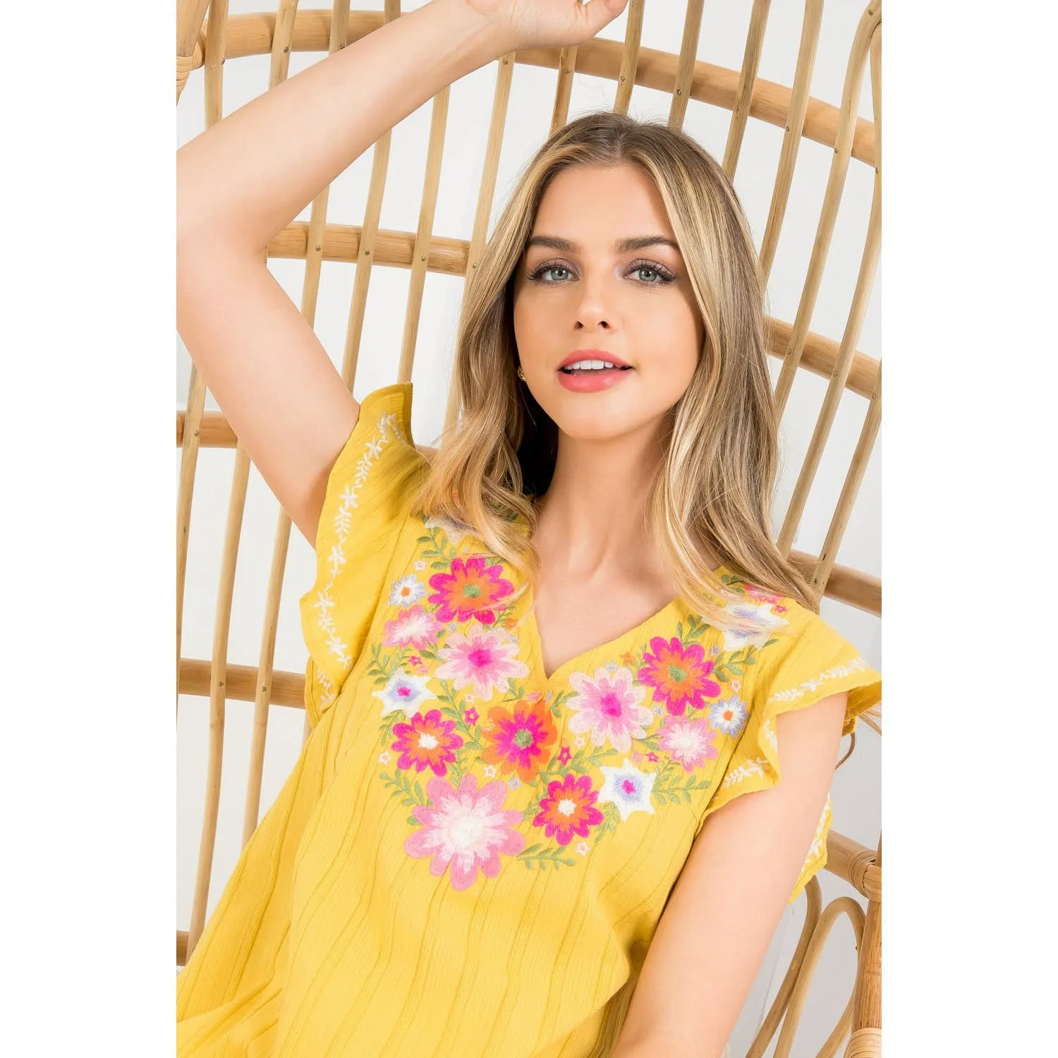 Boho Embroidered Knit Blouse in Mustard and White