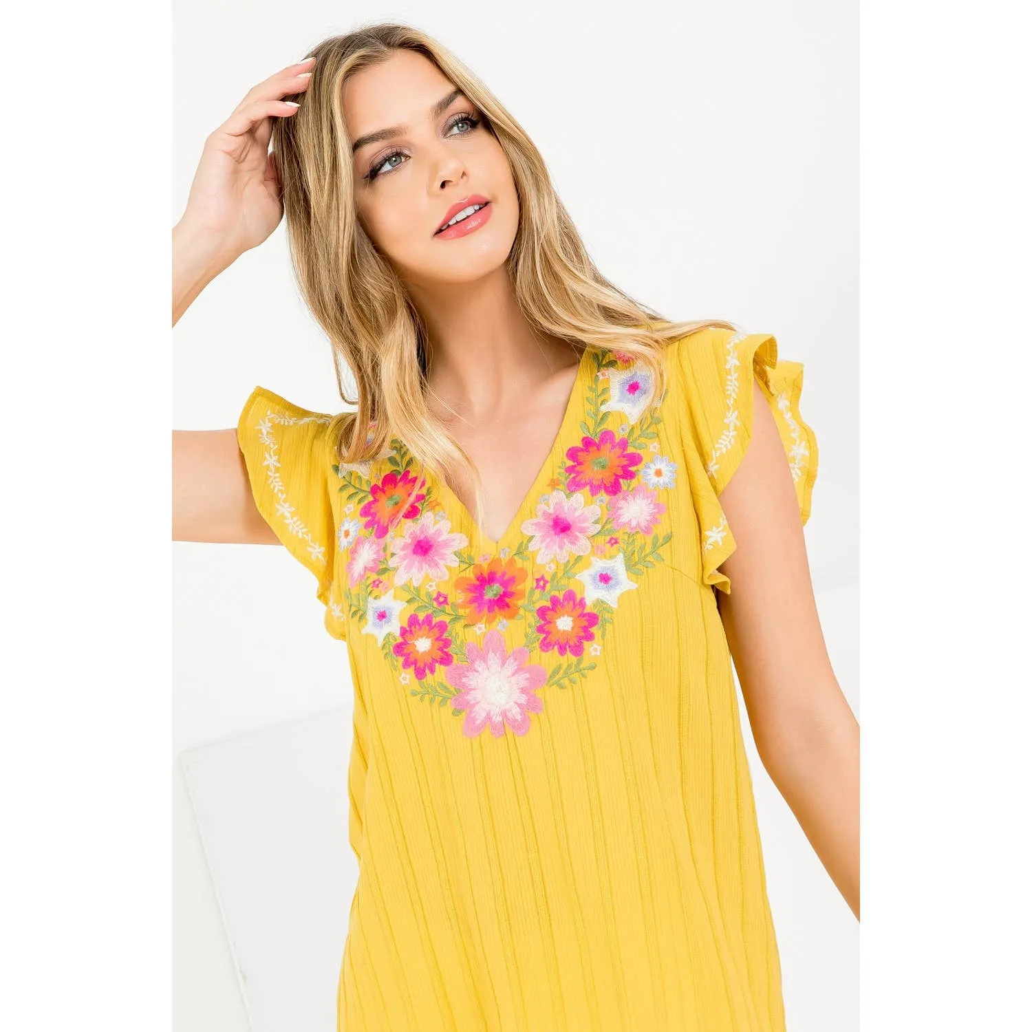 Boho Embroidered Knit Blouse in Mustard and White