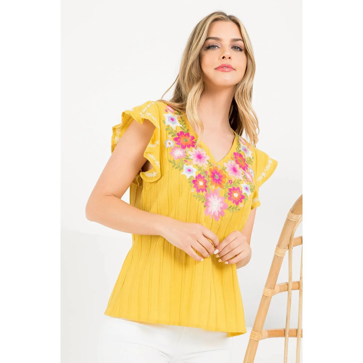 Boho Embroidered Knit Blouse in Mustard and White