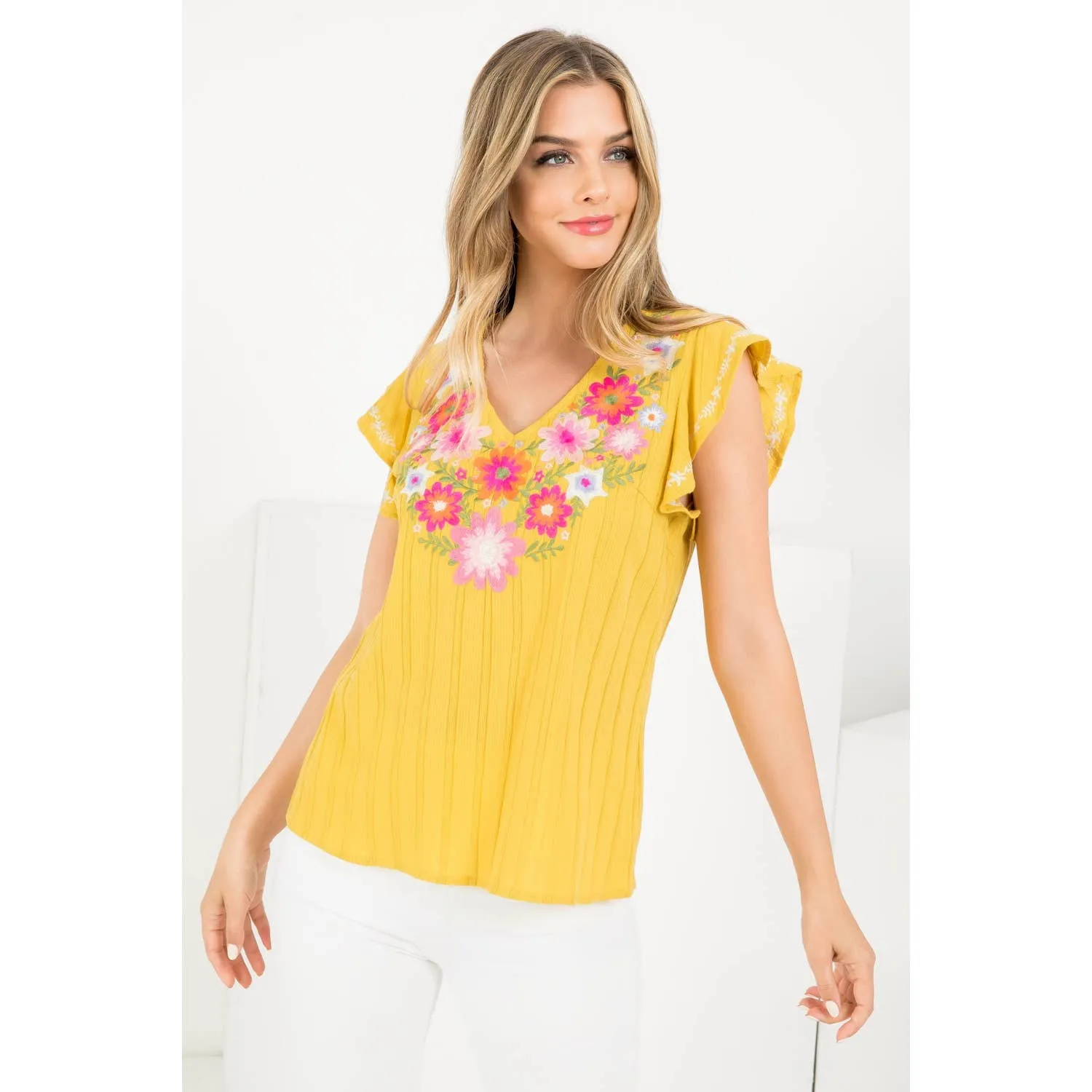 Boho Embroidered Knit Blouse in Mustard and White