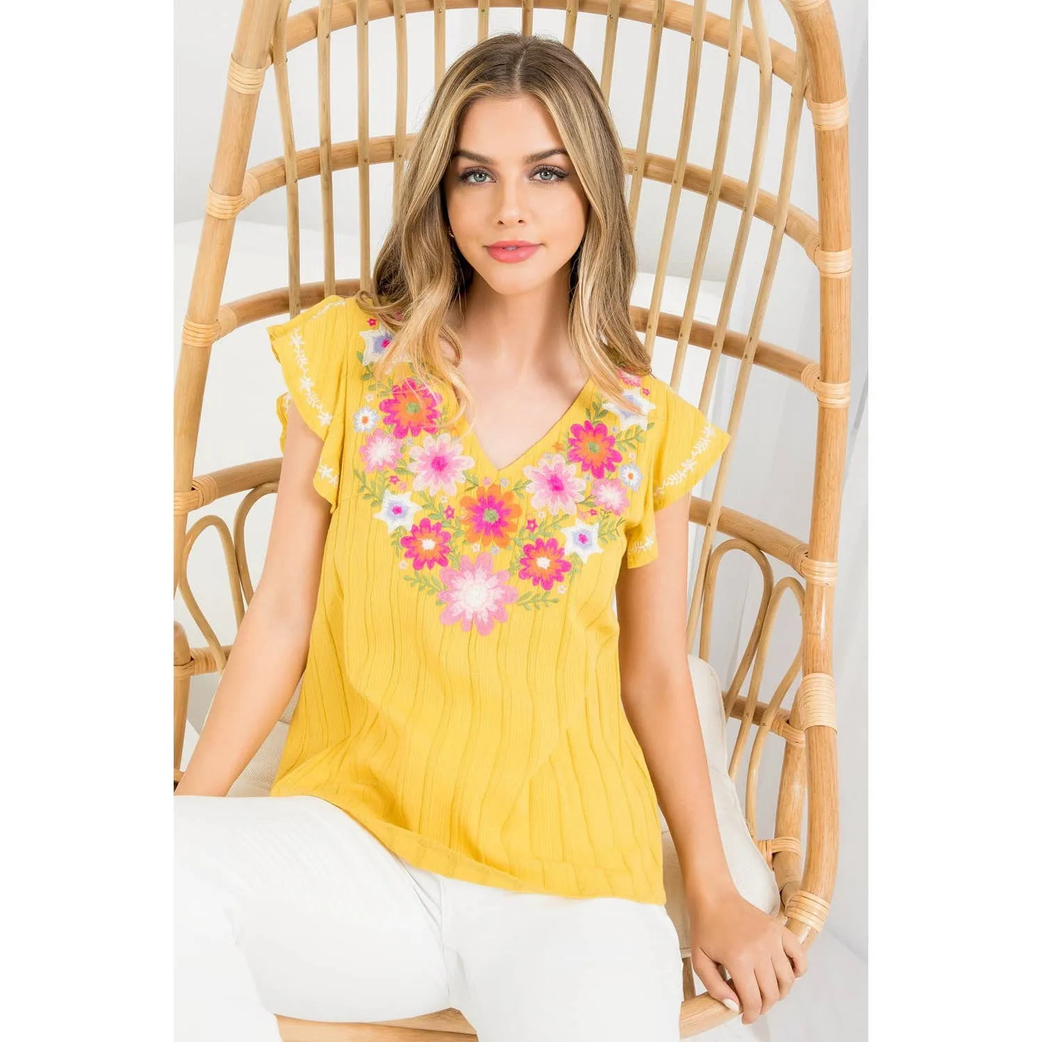 Boho Embroidered Knit Blouse in Mustard and White