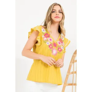 Boho Embroidered Knit Blouse in Mustard and White