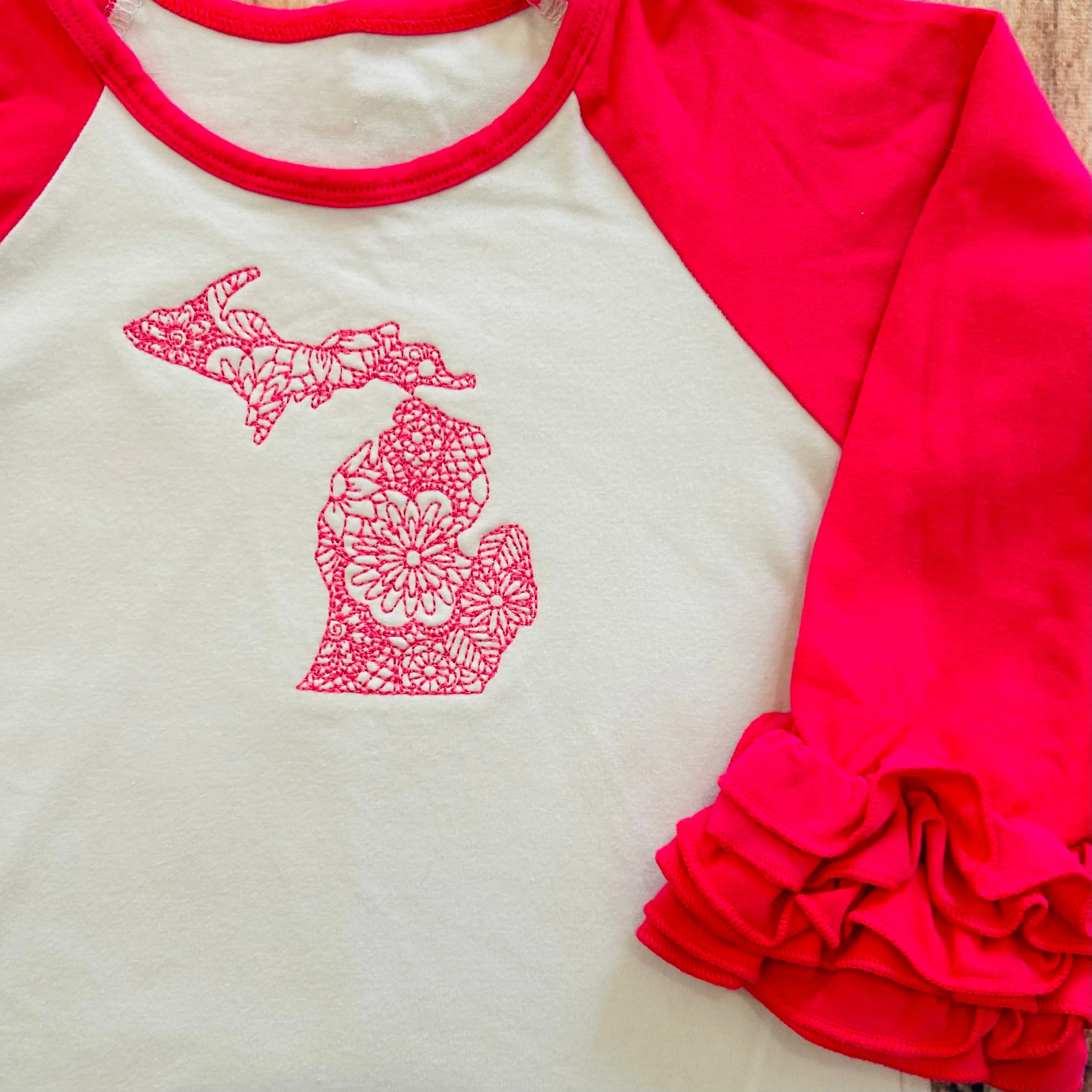 Boutique Ruffle Girl Top 3 Pink White Michigan Embroidered