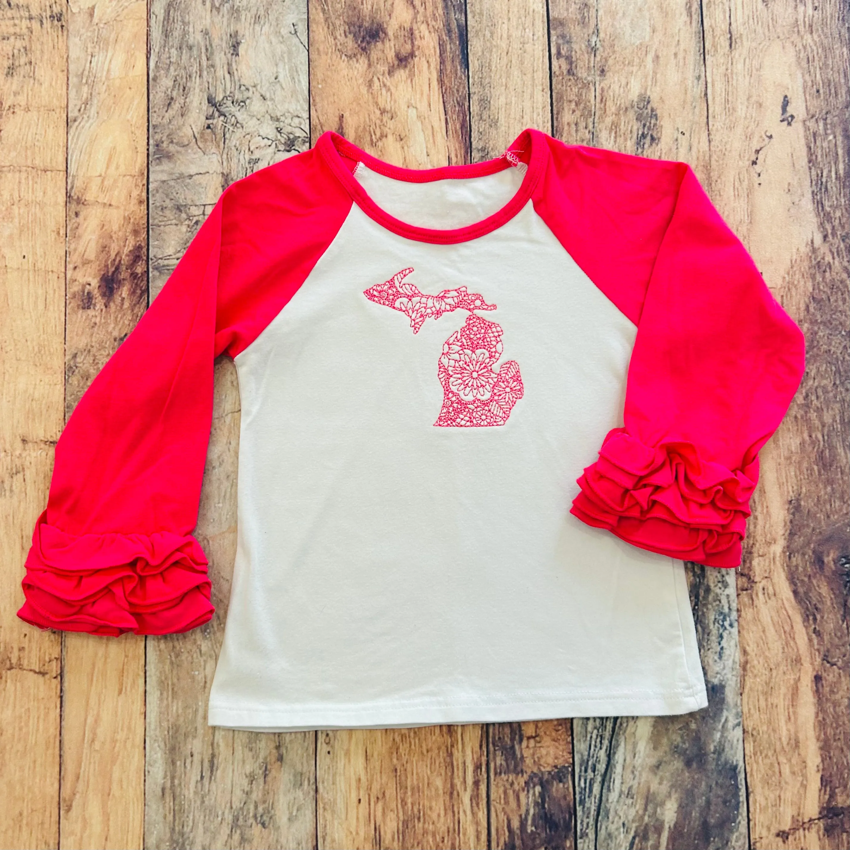 Boutique Ruffle Girl Top 3 Pink White Michigan Embroidered