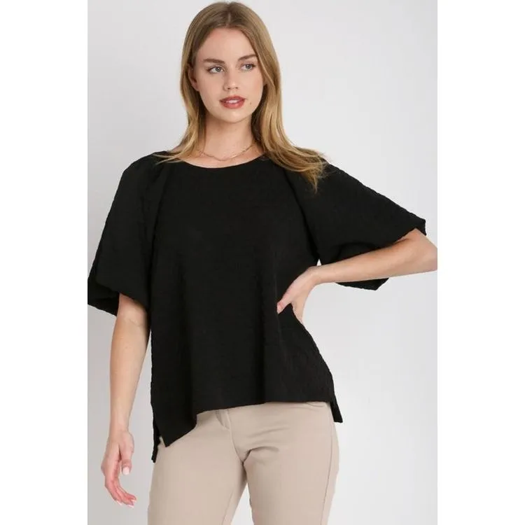Boxy Cut Jacquard Round Neck Top with Side Slit-black