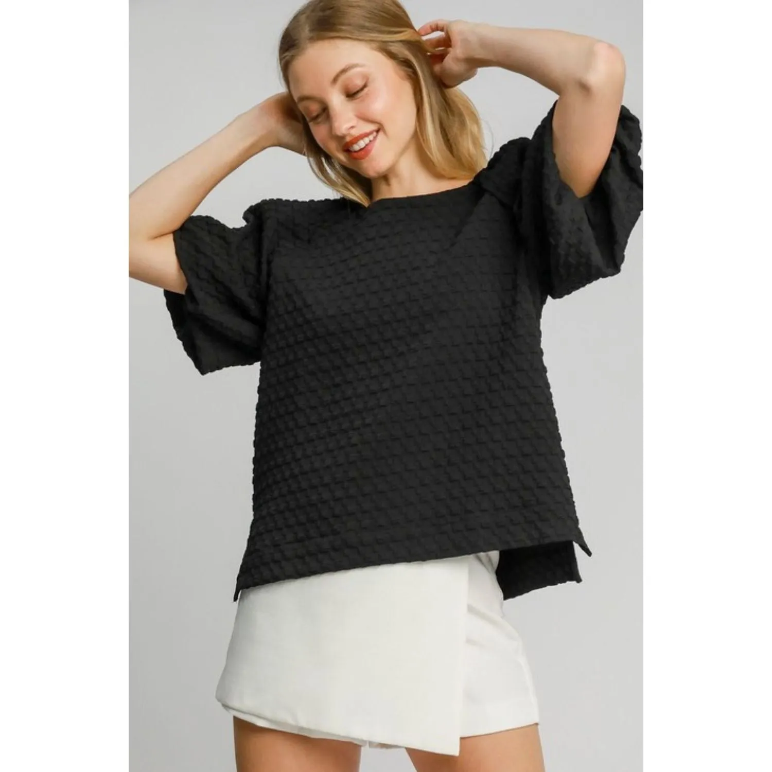 Boxy Cut Jacquard Round Neck Top with Side Slit-black