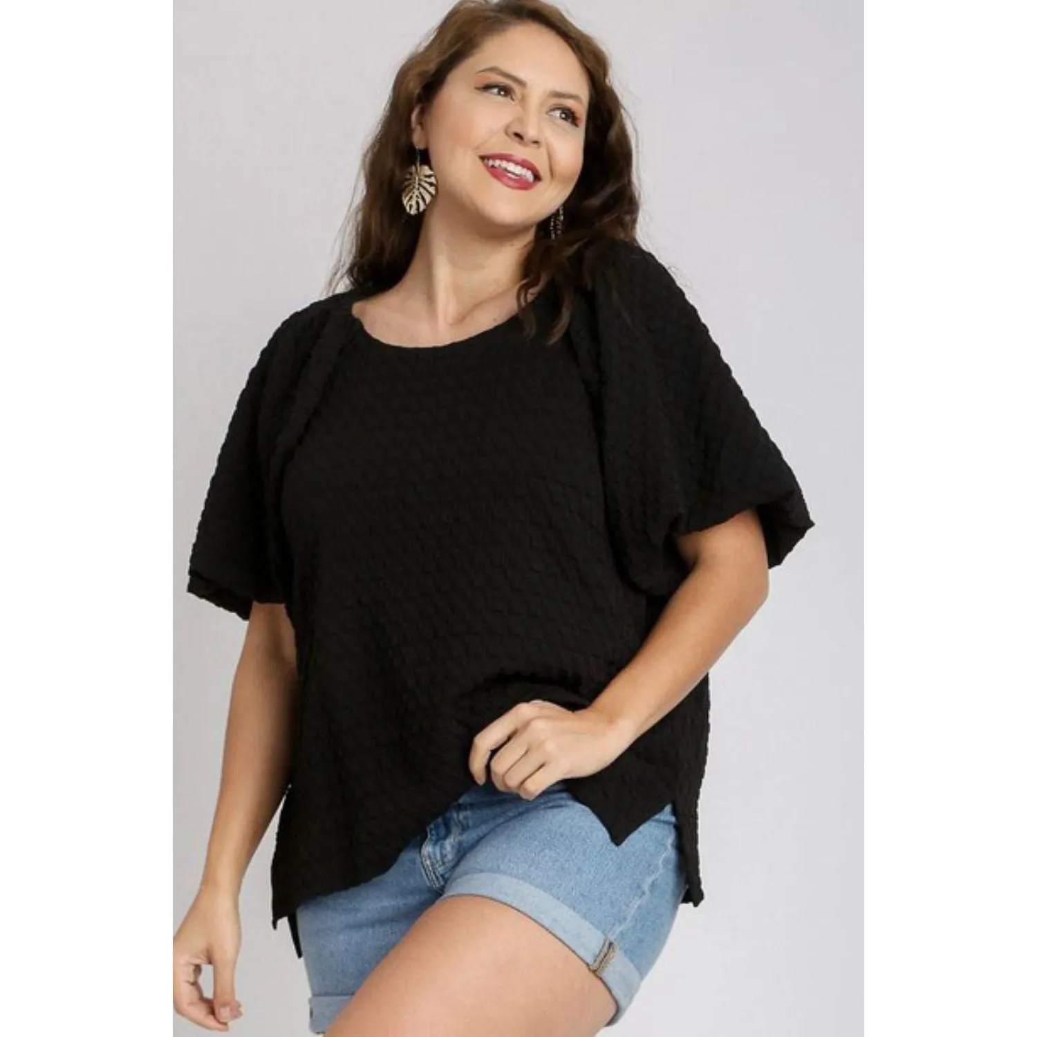 Boxy Cut Jacquard Round Neck Top with Side Slit-black