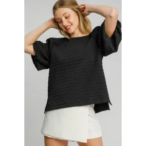 Boxy Cut Jacquard Round Neck Top with Side Slit-black