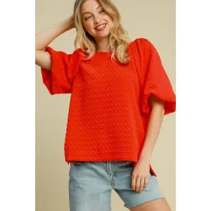 Boxy Cut Jacquard Round Neck Top with Side Slit-Red