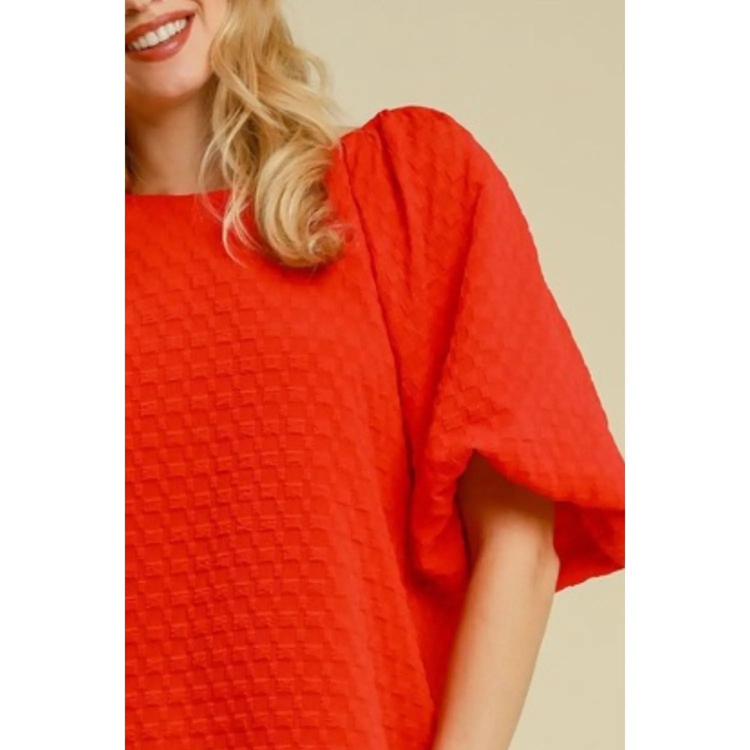 Boxy Cut Jacquard Round Neck Top with Side Slit-Red
