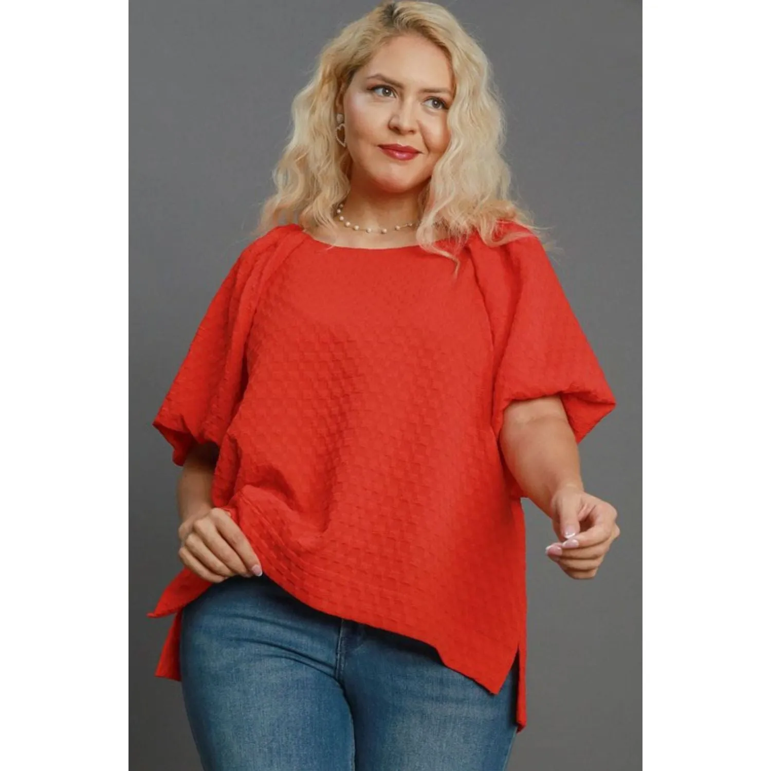 Boxy Cut Jacquard Round Neck Top with Side Slit-Red