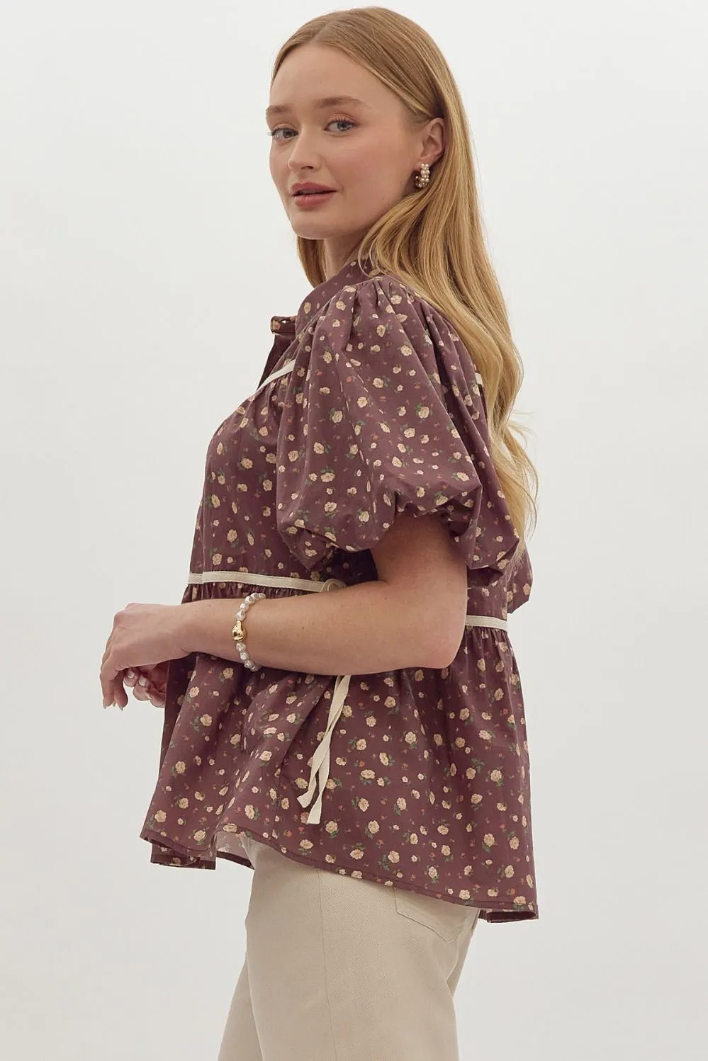 Brown Floral Tiered Blouse