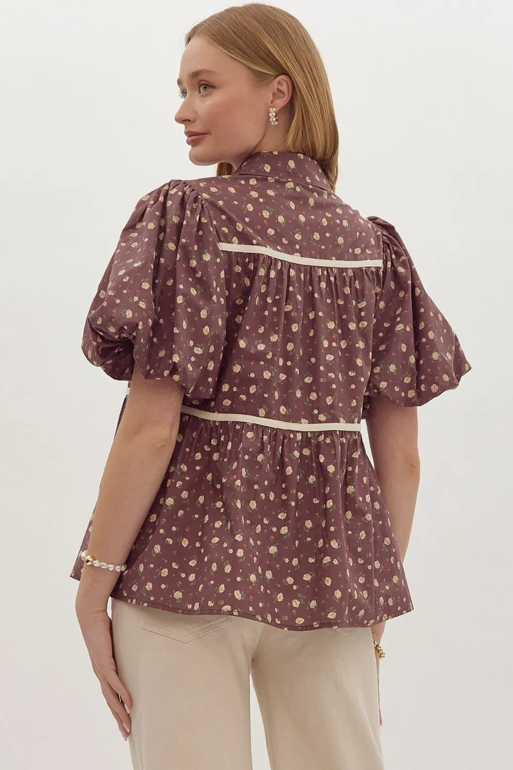 Brown Floral Tiered Blouse