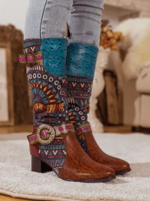 Brown Patchwork Leather Knee Boot
