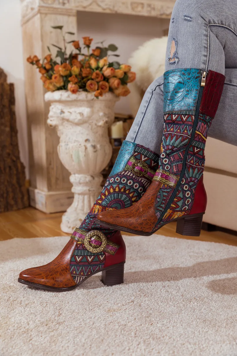 Brown Patchwork Leather Knee Boot