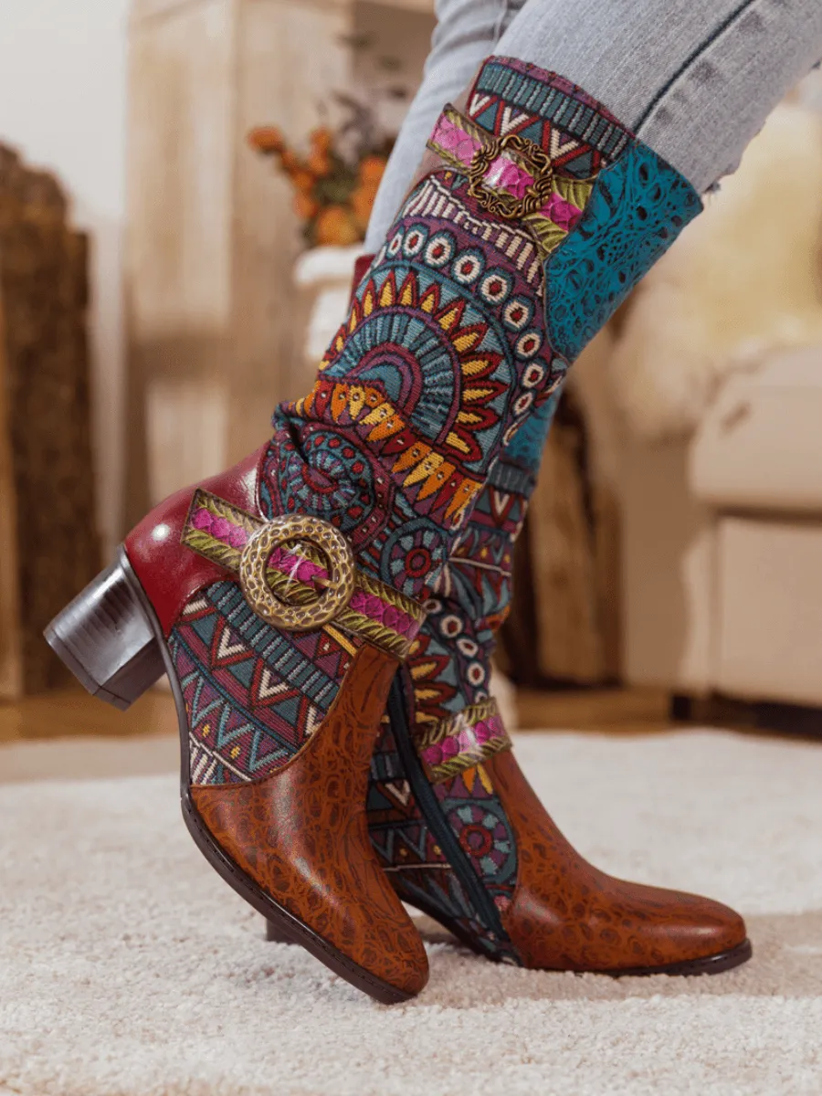 Brown Patchwork Leather Knee Boot