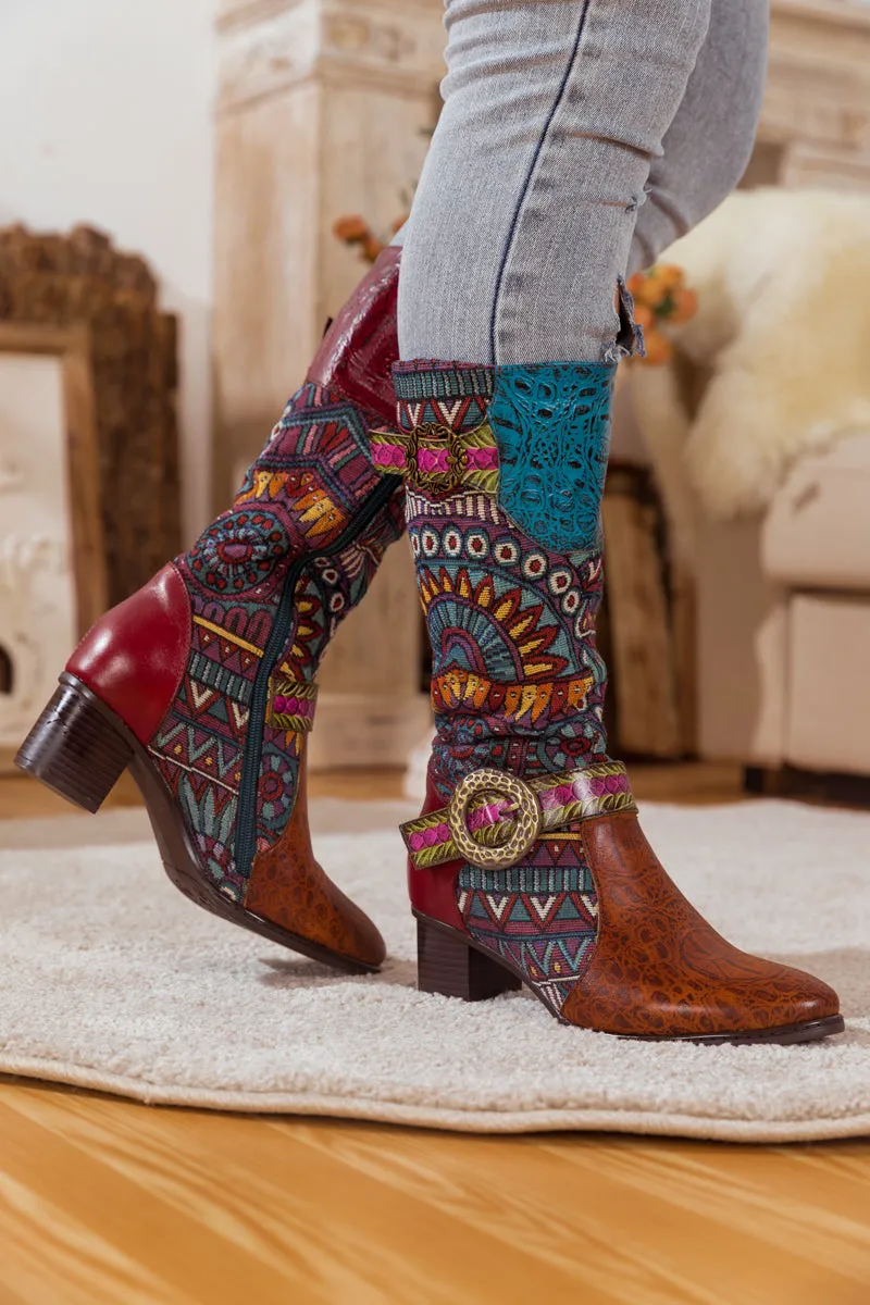 Brown Patchwork Leather Knee Boot
