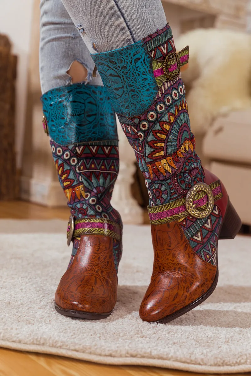 Brown Patchwork Leather Knee Boot