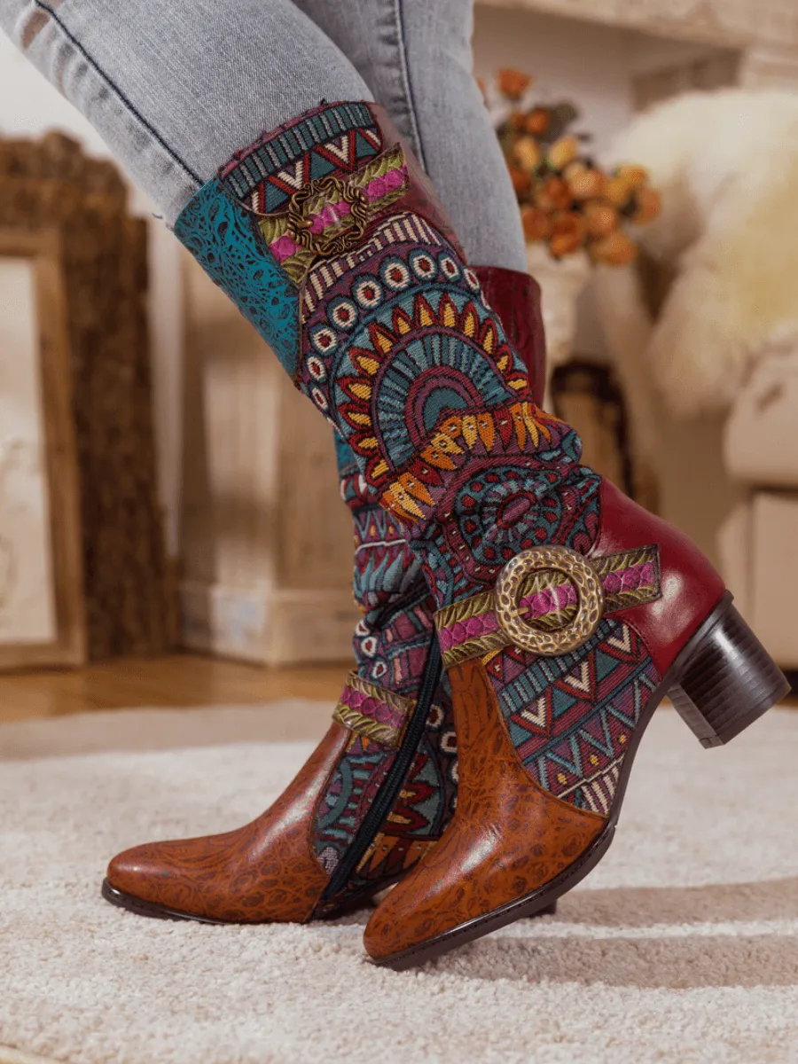 Brown Patchwork Leather Knee Boot
