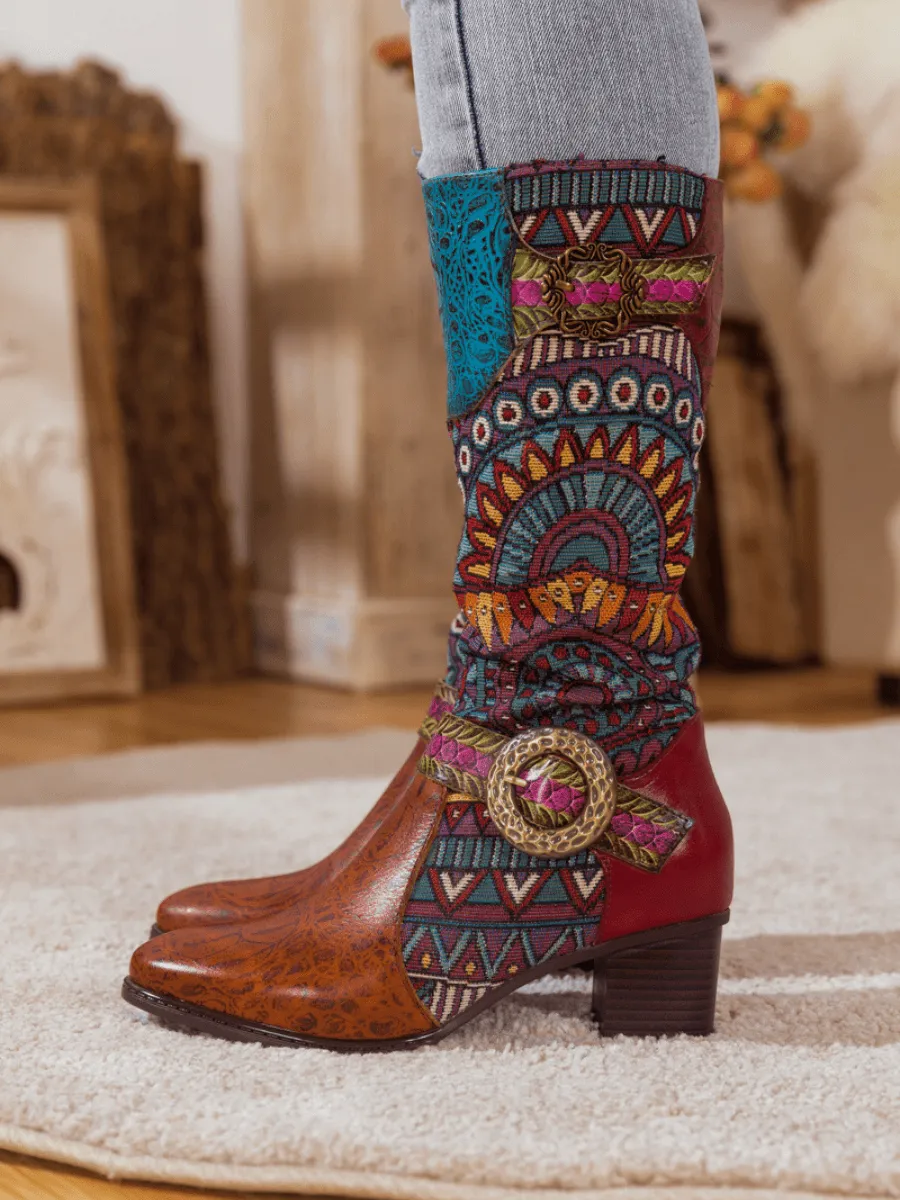 Brown Patchwork Leather Knee Boot