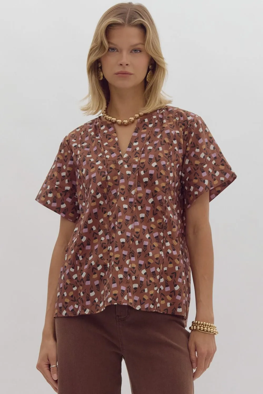 Brown Retro Flower Blouse