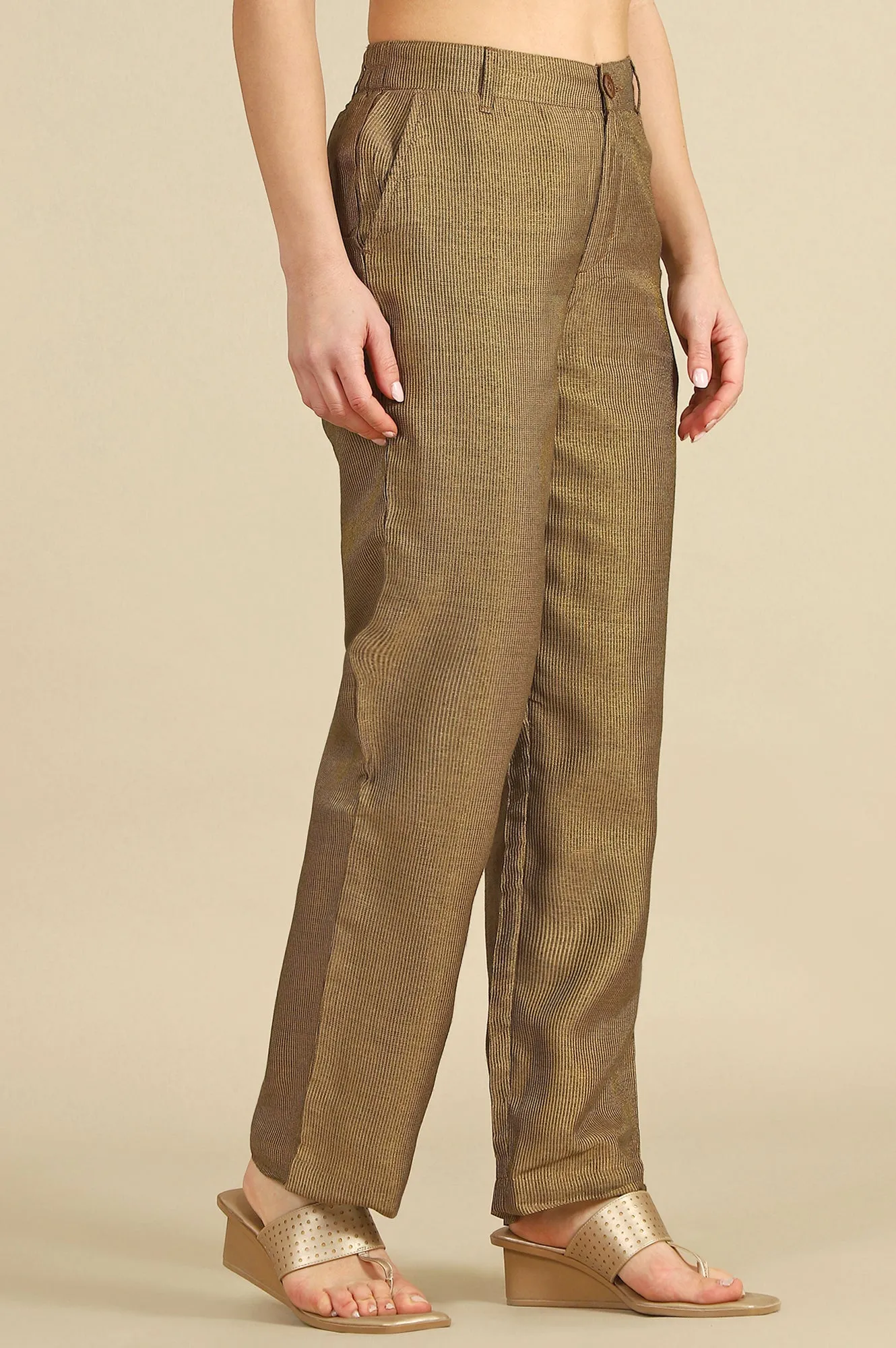 Brown Yarn Dyed Zari Parallel Pants