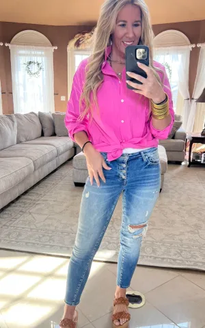 Bubble Pink Cotton Button Down Shirt Top | FINAL SALE