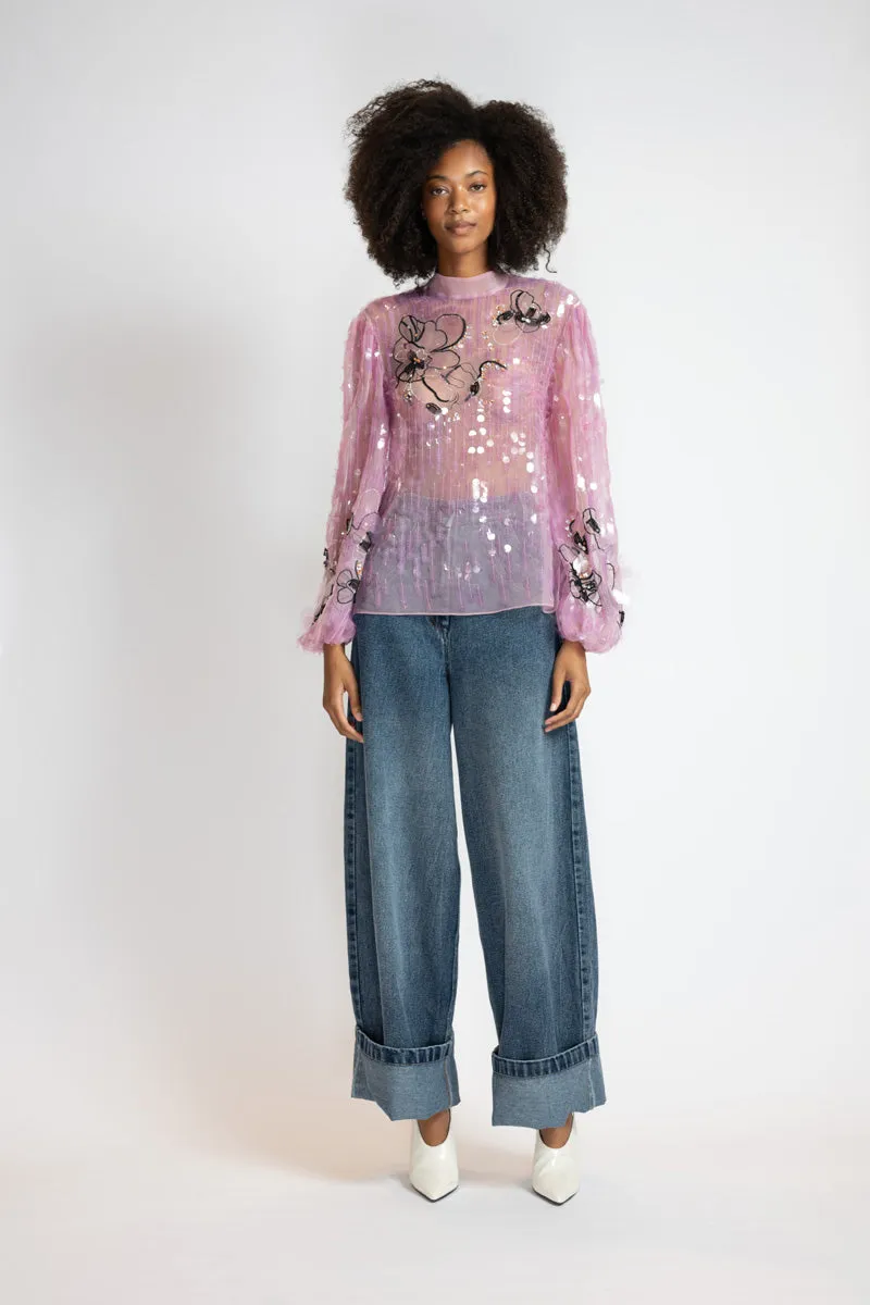 Camellia Organza Poets Blouse with Glass Petal Embroidery