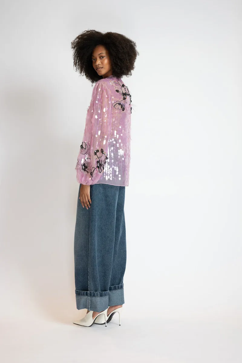 Camellia Organza Poets Blouse with Glass Petal Embroidery