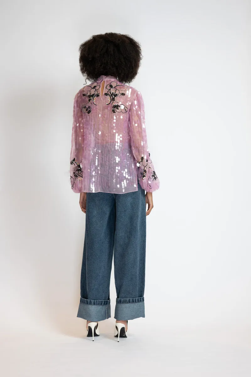 Camellia Organza Poets Blouse with Glass Petal Embroidery