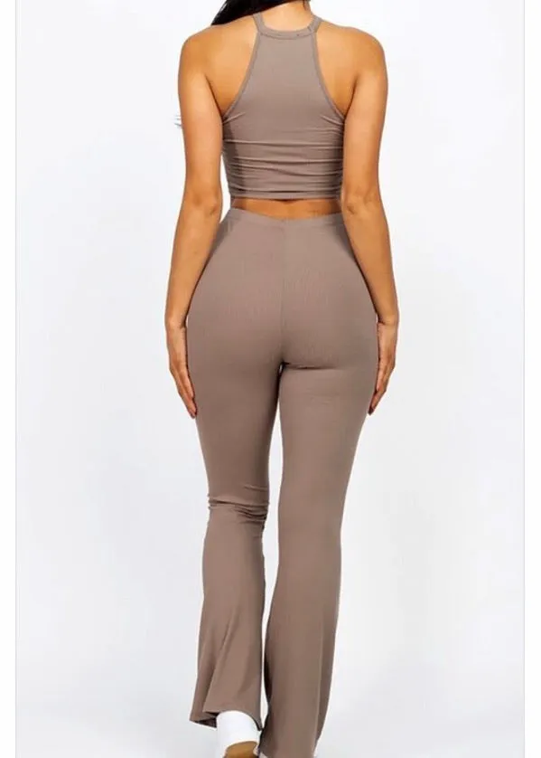 Capella Ruched Front Crop Top & Bootcut Pants Set (Taupe) BTP3160