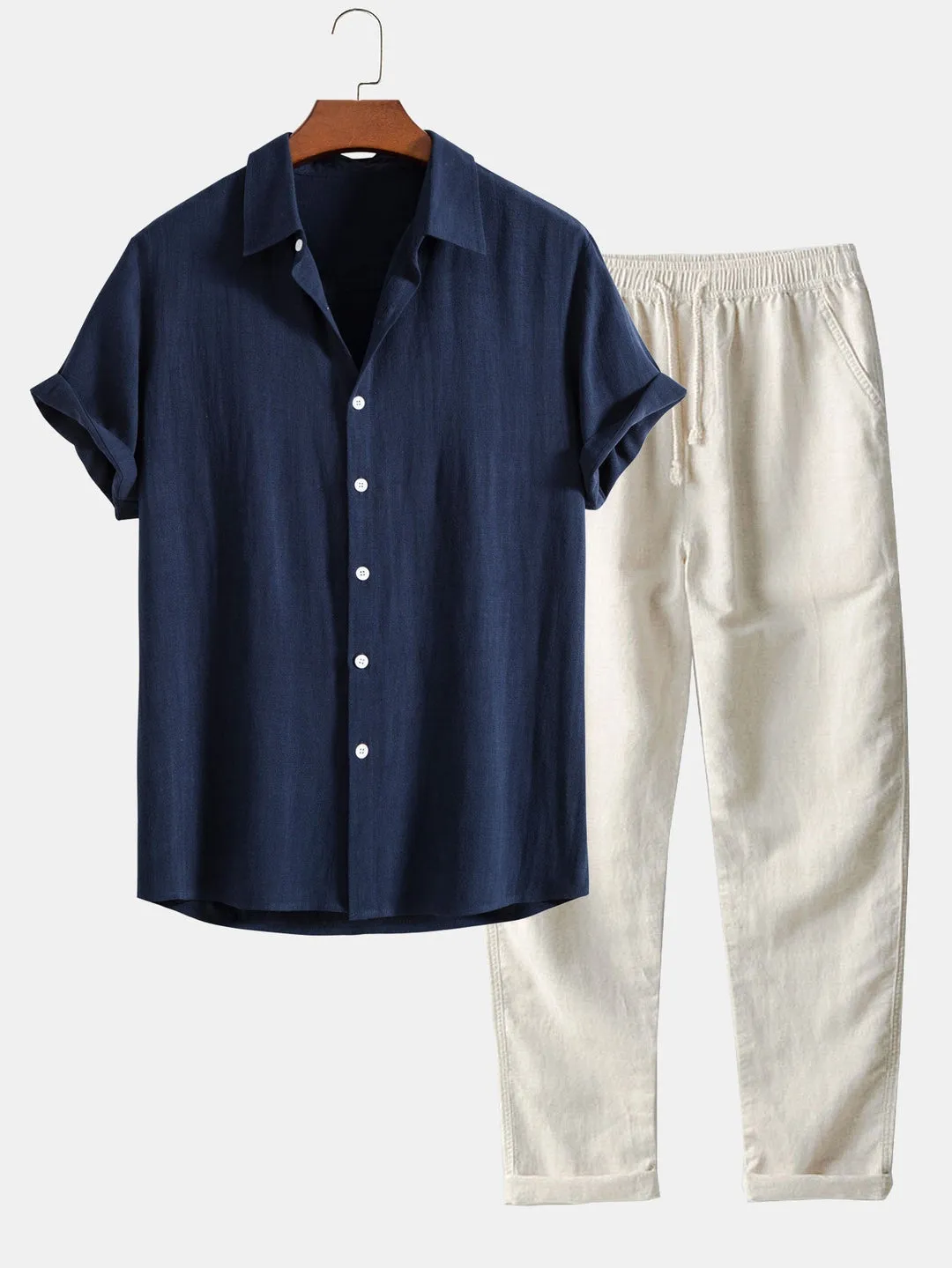 Casual Men's Short Sleeve Shirt and Drawstring Trousers Set
