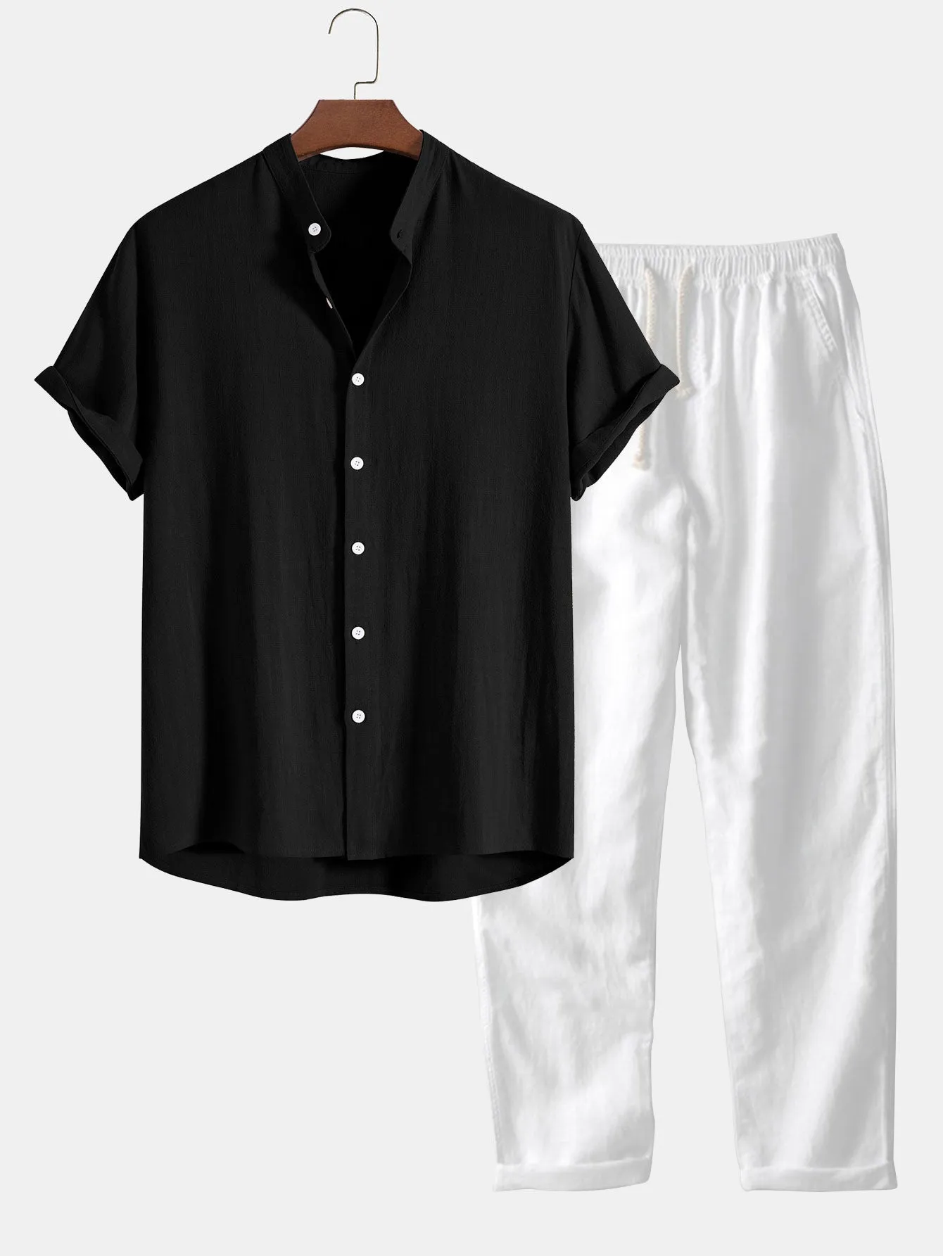 Casual Men's Short Sleeve Shirt and Drawstring Trousers Set