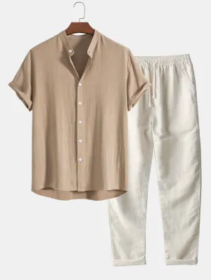 Casual Men's Short Sleeve Shirt and Drawstring Trousers Set