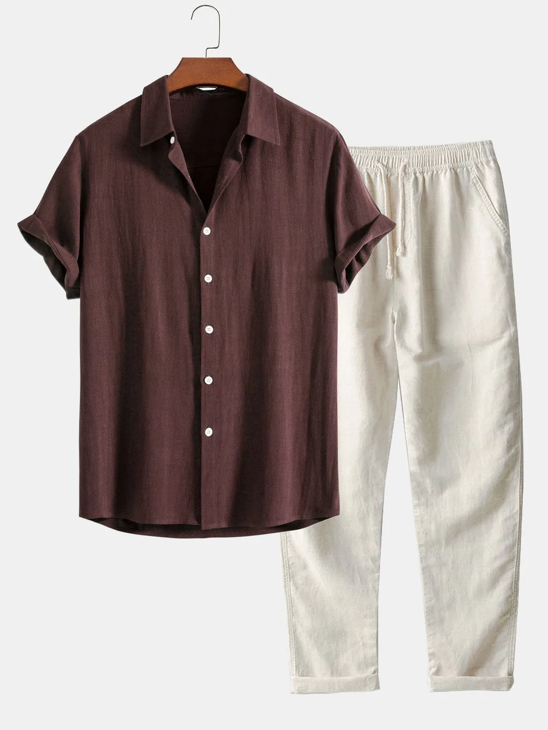 Casual Men's Short Sleeve Shirt and Drawstring Trousers Set
