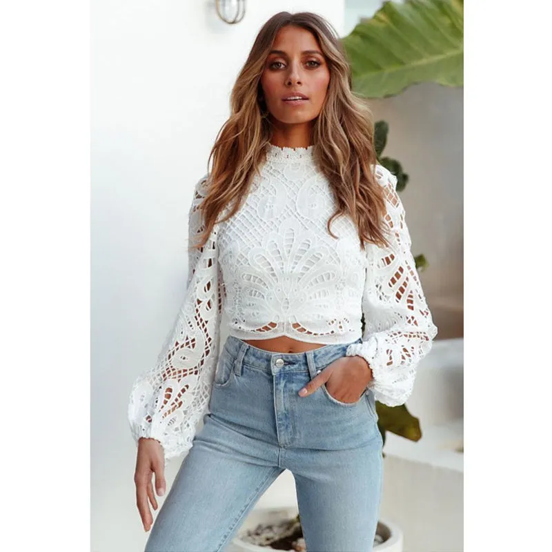Casual White Tops Sexy Women Long Sleeve Lace Blouse