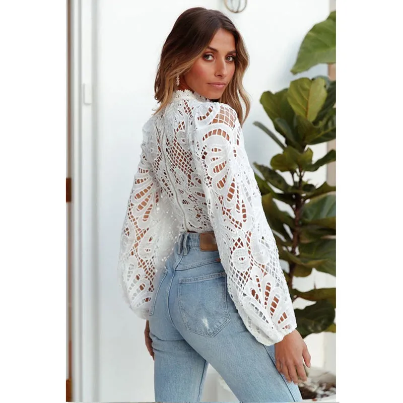 Casual White Tops Sexy Women Long Sleeve Lace Blouse
