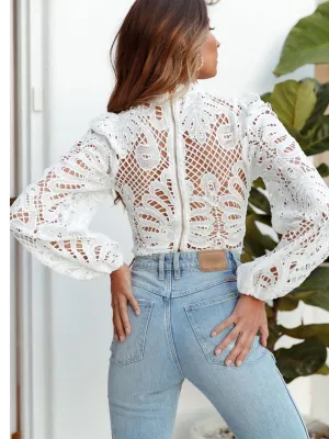 Casual White Tops Sexy Women Long Sleeve Lace Blouse