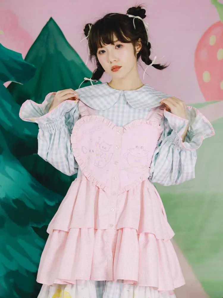Cat Embroidered Heart Apron Dress