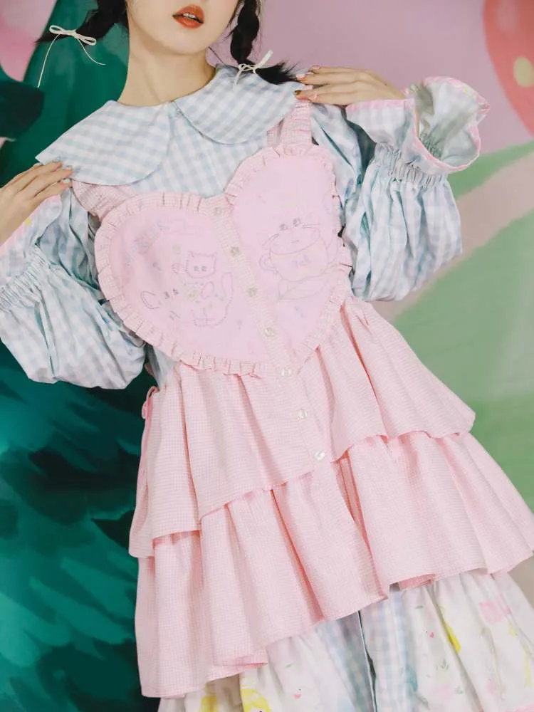 Cat Embroidered Heart Apron Dress