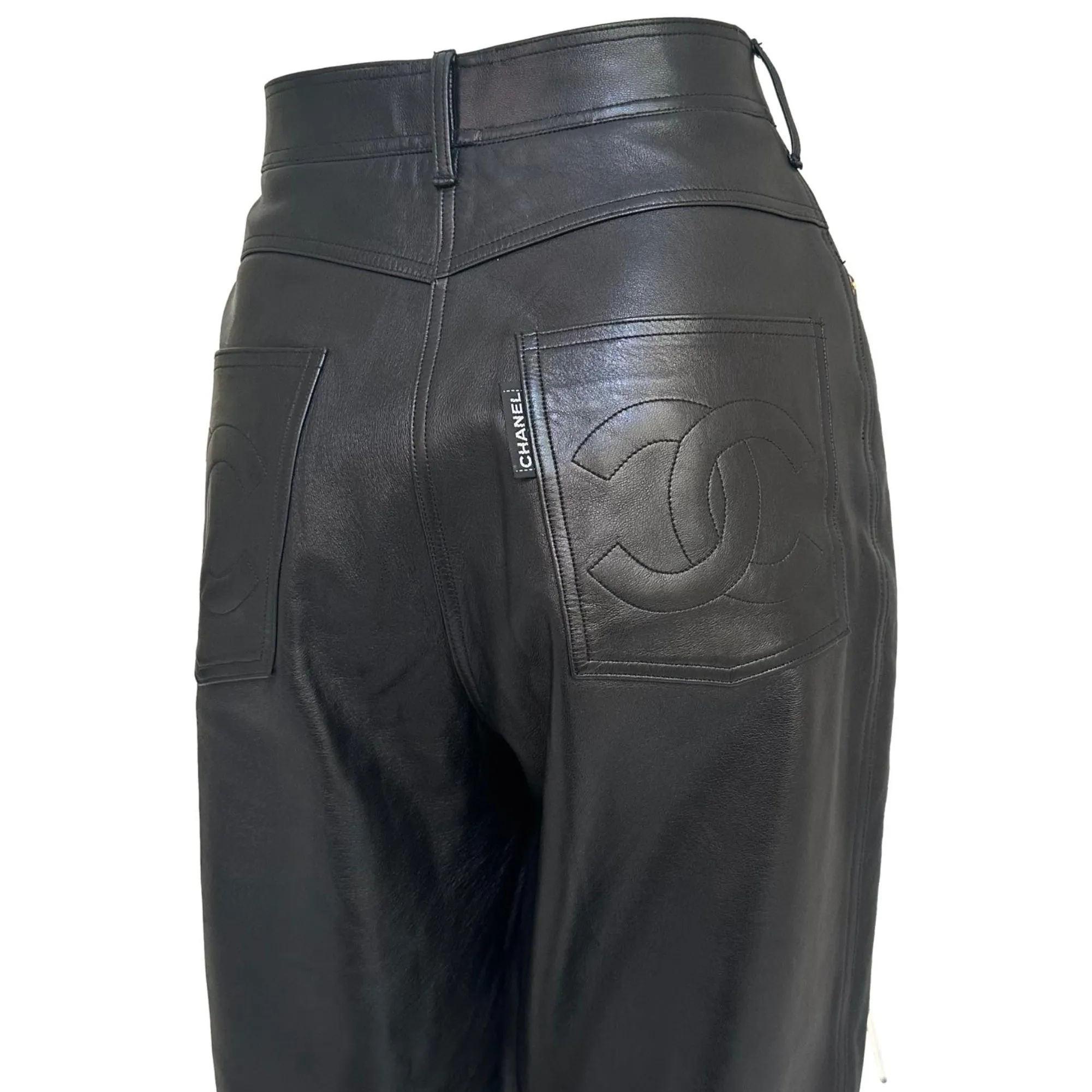 Chanel Black Leather Logo Pants