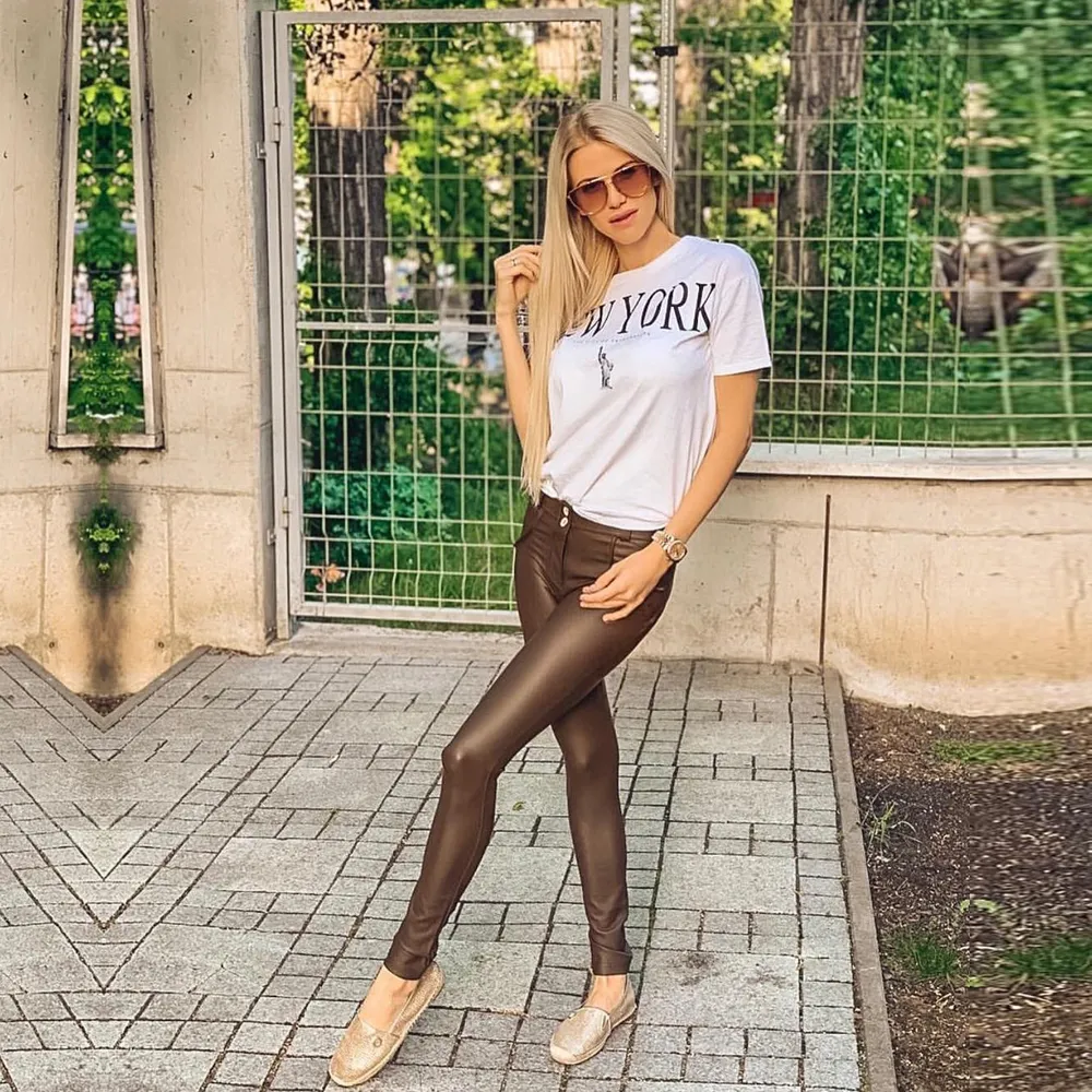 CityHottie - Melody Brown Leather Pants Vintage Trausers Women Leggings Pvc Sexy Comfortable Moto Work Pants Woman Vinyl Trousers