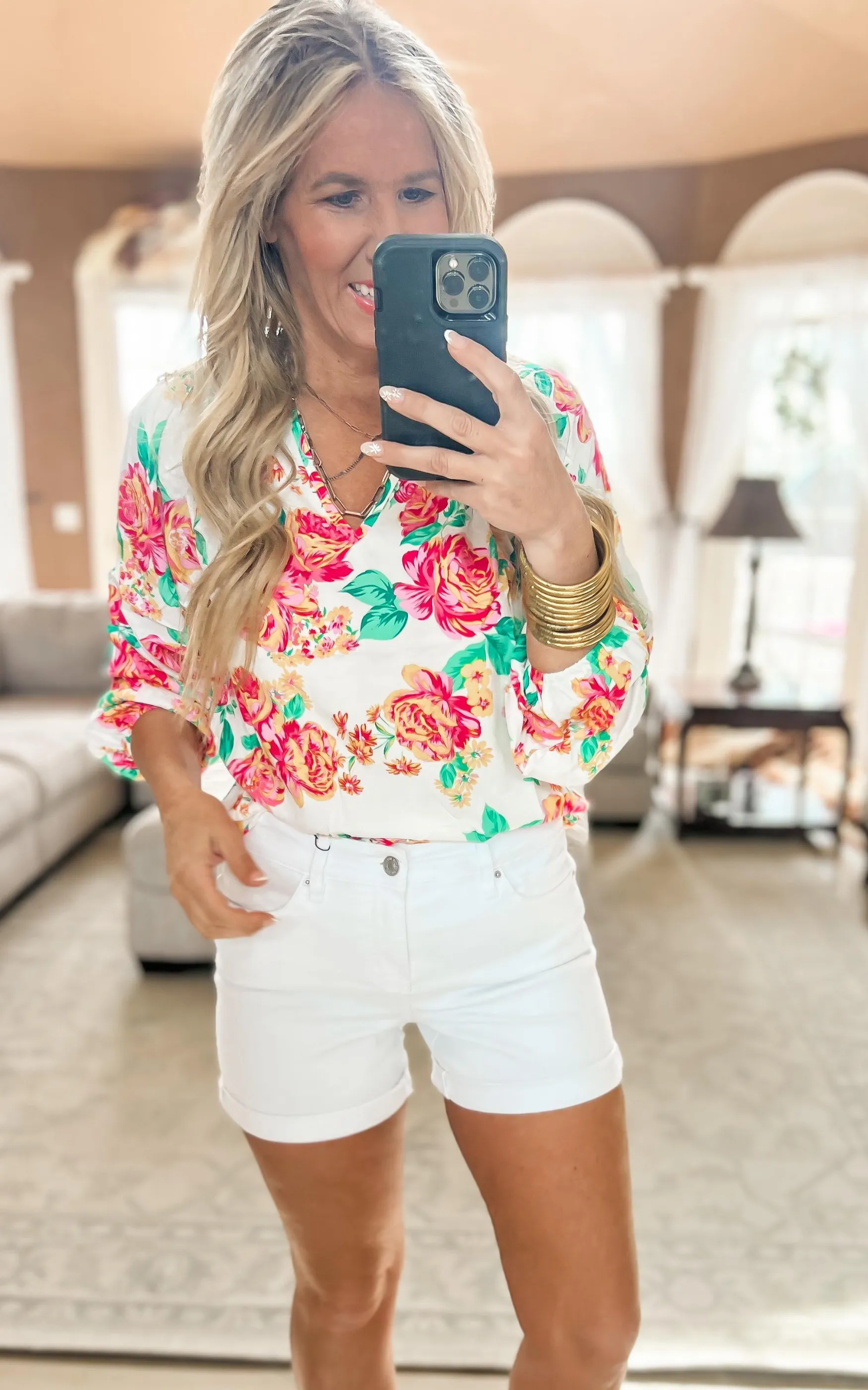 Classic Floral Blouse With Balloon Sleeves - Final Sale