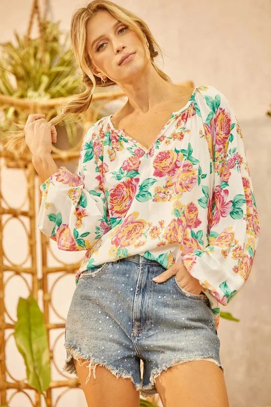 Classic Floral Blouse With Balloon Sleeves - Final Sale