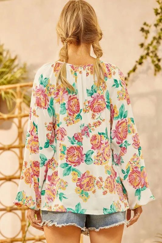 Classic Floral Blouse With Balloon Sleeves - Final Sale