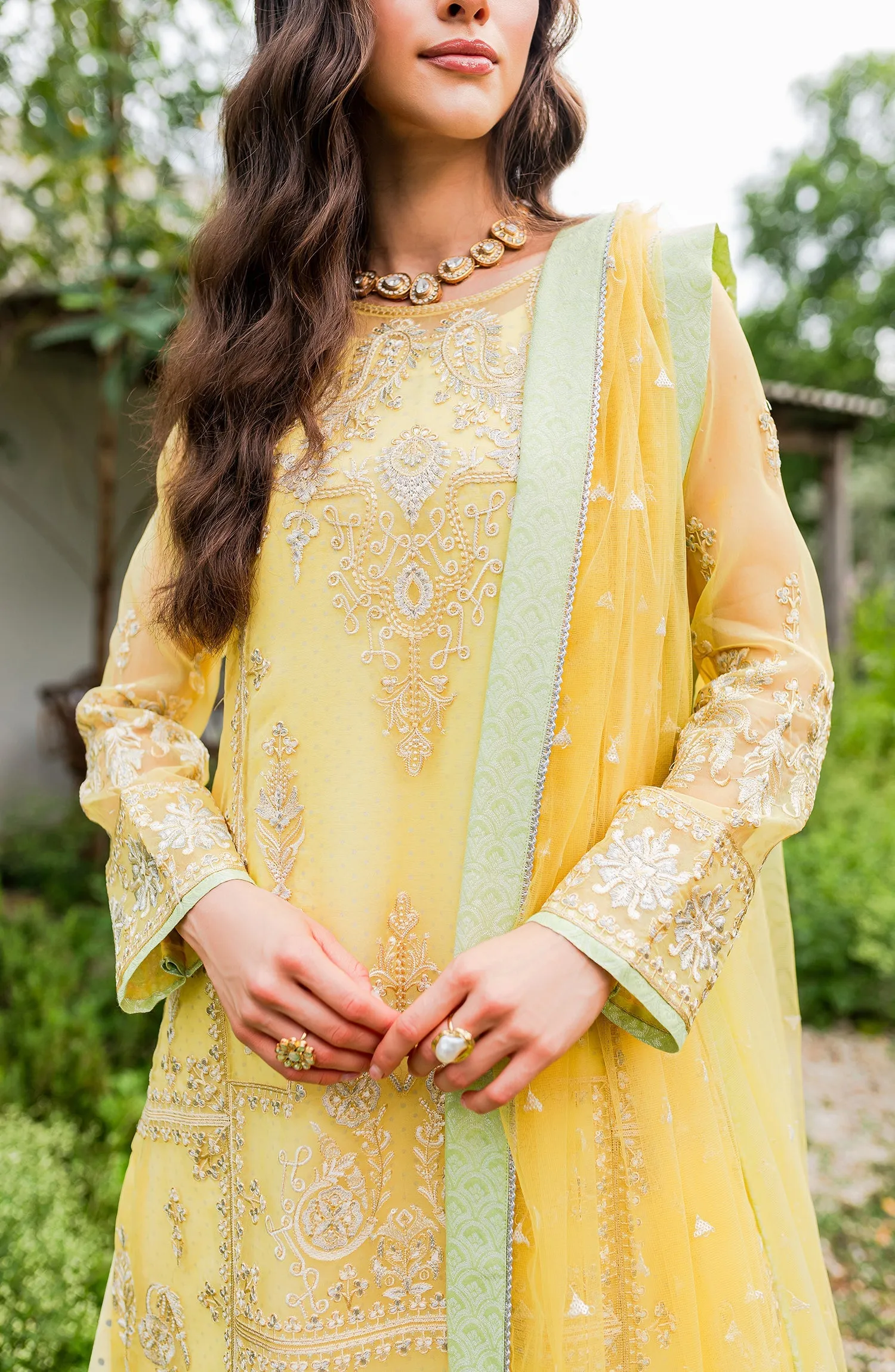 Classic Yellow Embroidered Pakistani Salwar Kameez in Plazo Style